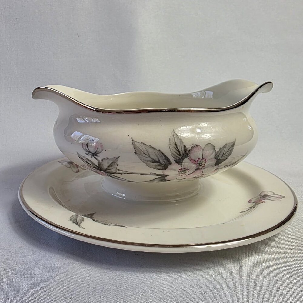 Manor House Spring Glory Gravy Boat & Underplate Pink & White Floral Gray Leaves